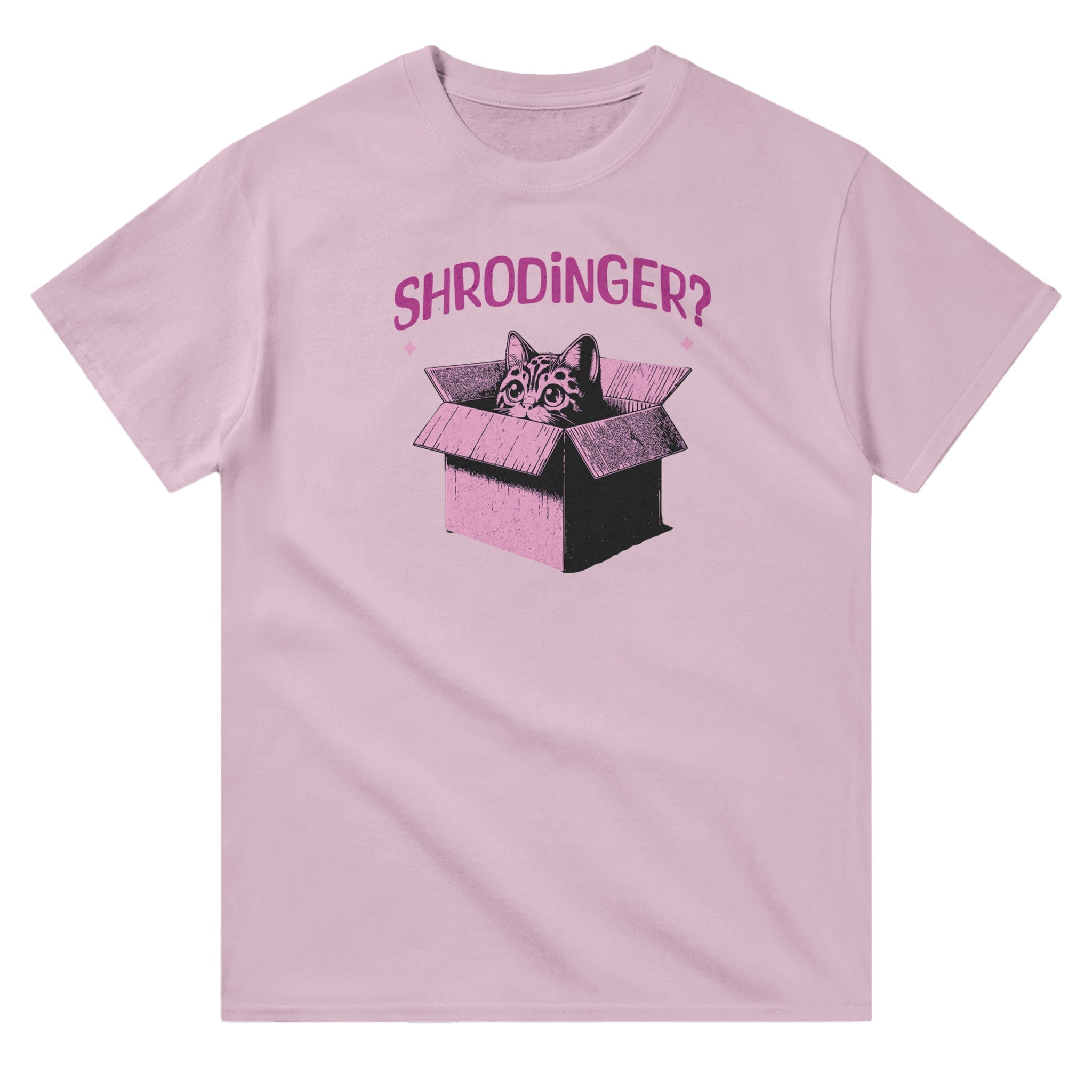 Light pink unisex crewneck T-shirt with pink graphic of a cat in a box and text “Schrödinger?” – funny science and cat lover shirt.