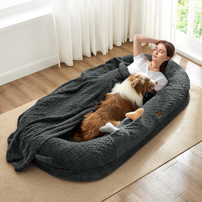 Woman and dog lying in a large gray pet bed in a bright room with white curtains.