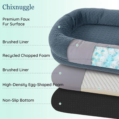Pet bed with labeled features on a light green background