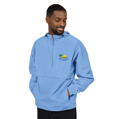 Man wearing a blue hoodie with a logo on a white background