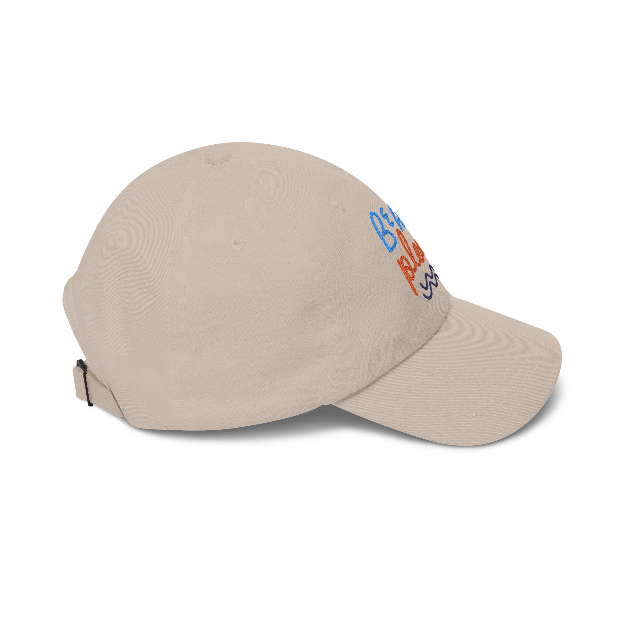 Stone dad cap with embroidered 'Beach Please' text, side view on a white background