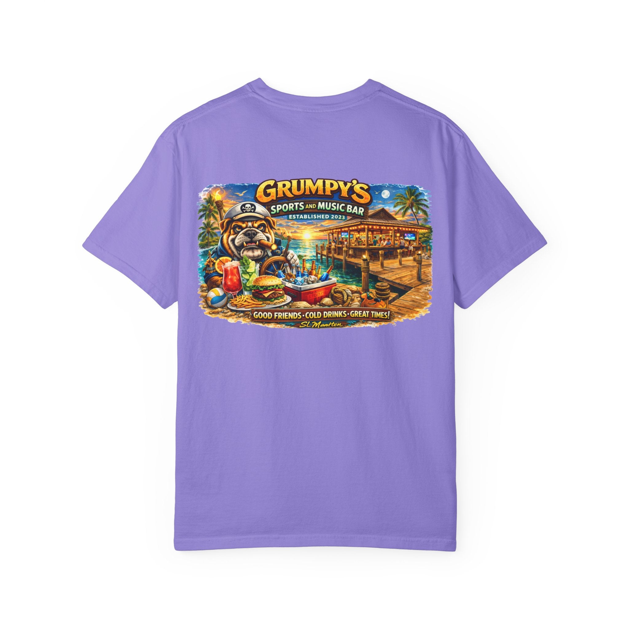 Purple t-shirt with a graphic of Grumpy's Sports and Music Bar on the back
