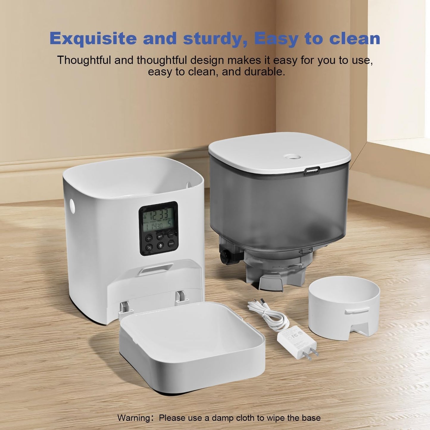 White electronic device with components on a wooden floor, with text about its features.