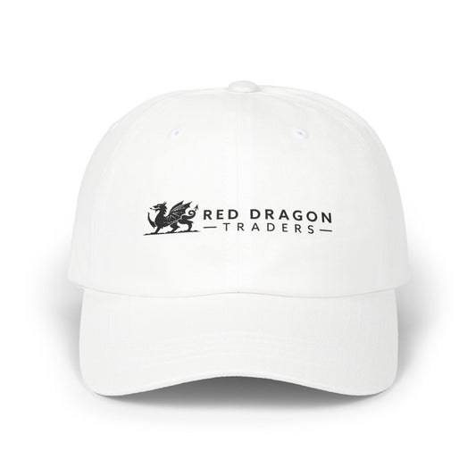 White cap with 'Red Dragon Traders' logo on a white background