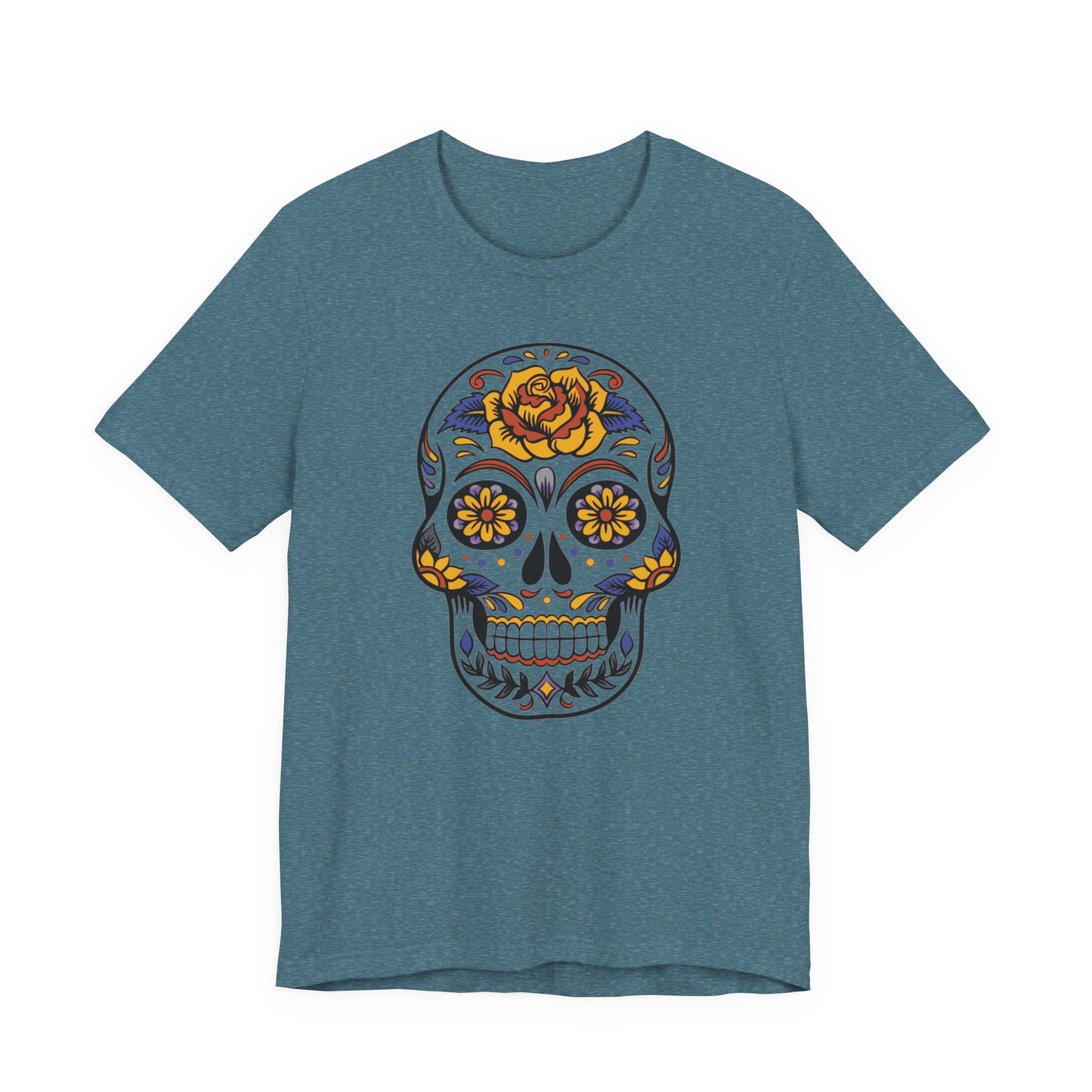Blue t-shirt with a colorful skull design on a white background