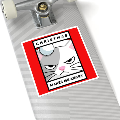 Sticker with a cat illustration and text on a skateboard deck