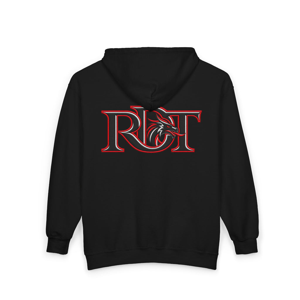 Riot Dragon Zip Hoodie — Red Logo Full‑Zip Hooded Sweatshirt