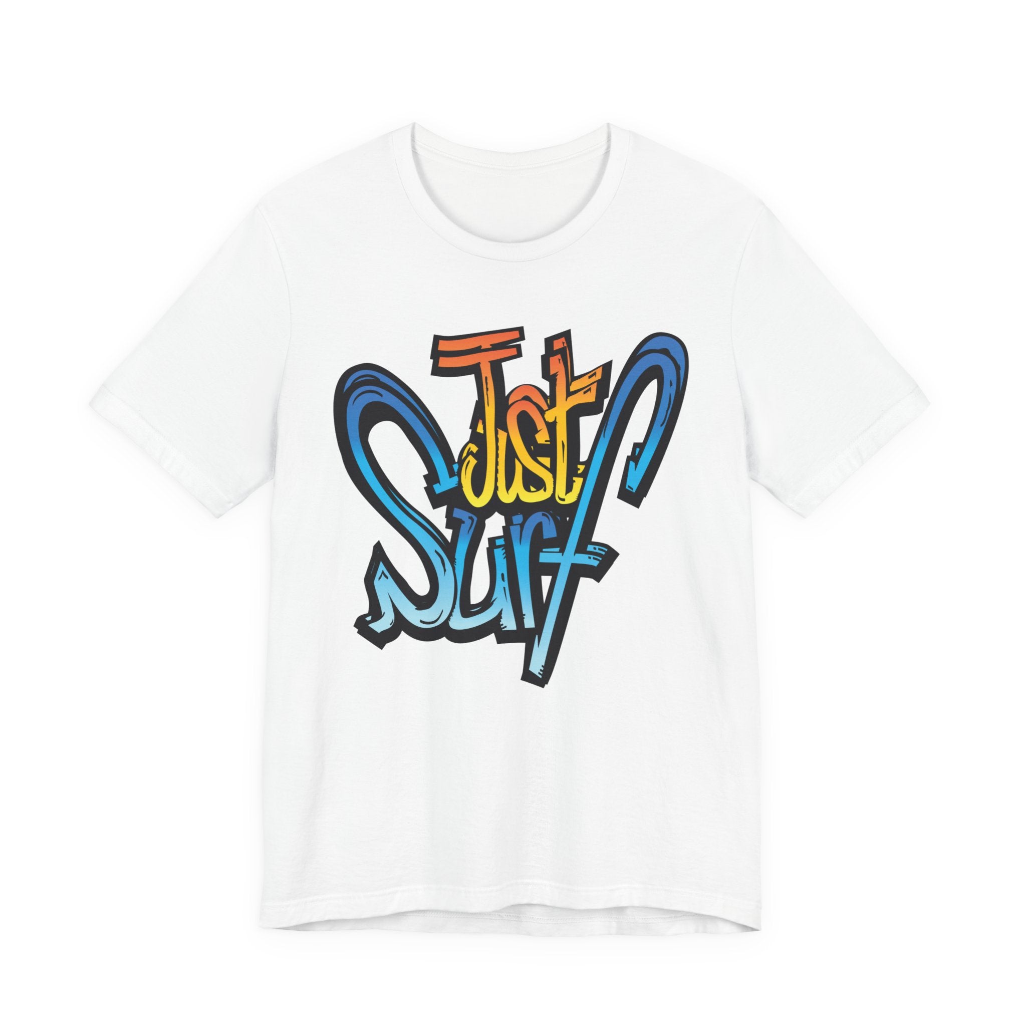 White t-shirt with a large graffiti-style Just Surf graphic in blue, orange, and yellow, on a white background.
