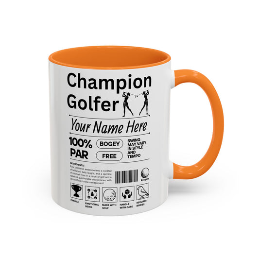 Mug with 'Champion Golfer' design and customizable text on a white background and orange mug.