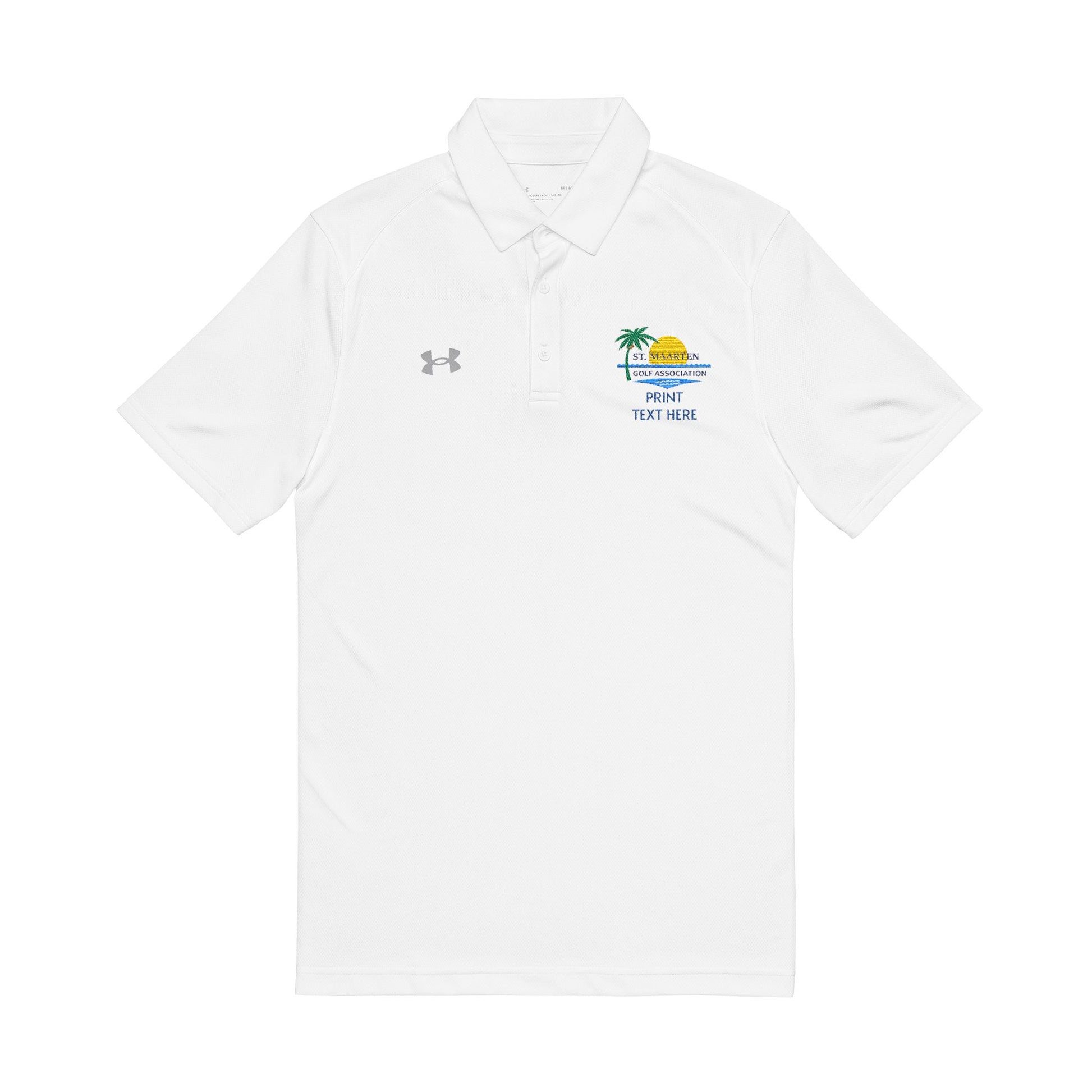 White polo shirt with a brand logo on a white background