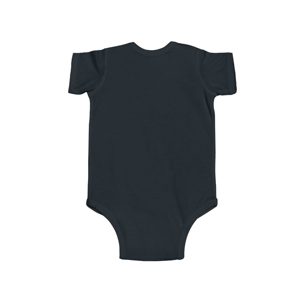 Back view of a plain navy baby onesie on a white background