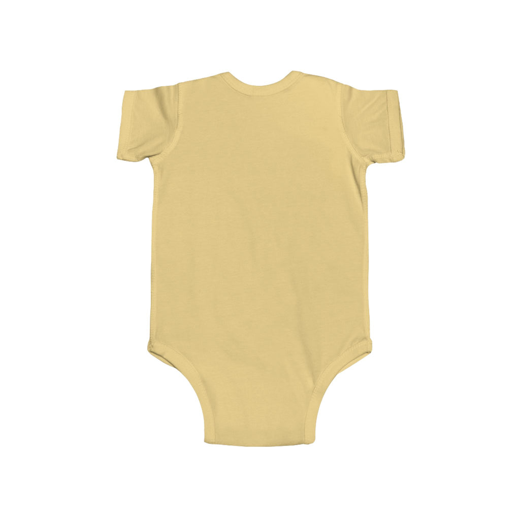 Back view of a plain pale yellow baby onesie on a white background