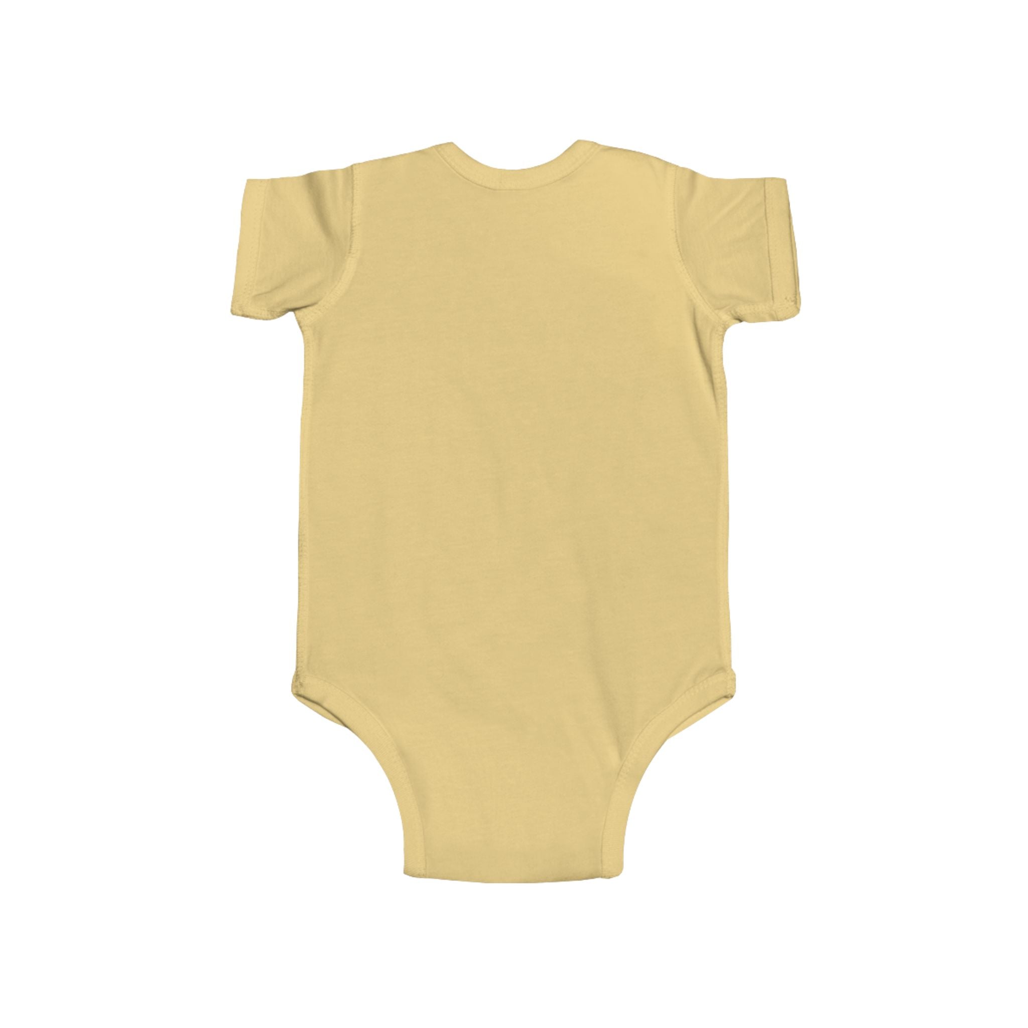 Back view of a plain pale yellow baby onesie on a white background