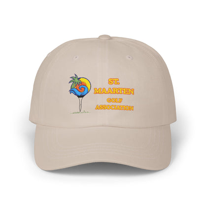 Beige cap with St. Maarten Golf Association logo on a white background