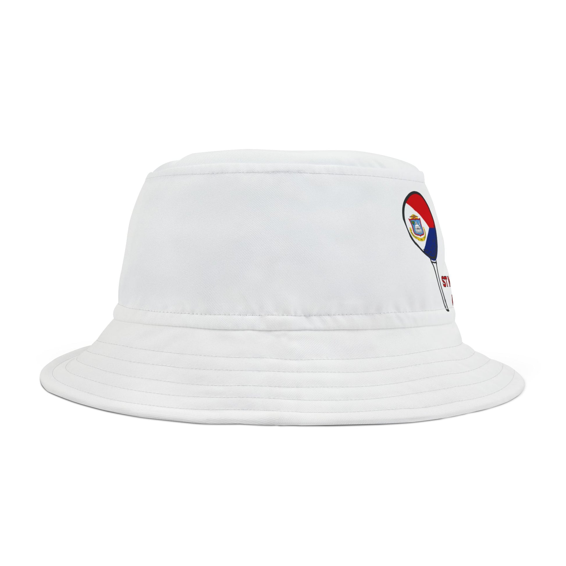 White bucket hat with a colorful logo on a white background
