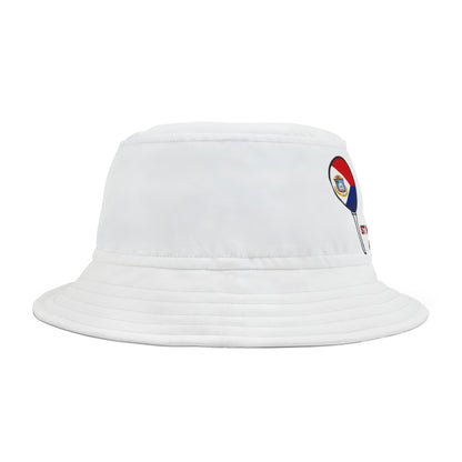 White bucket hat with a colorful logo on a white background