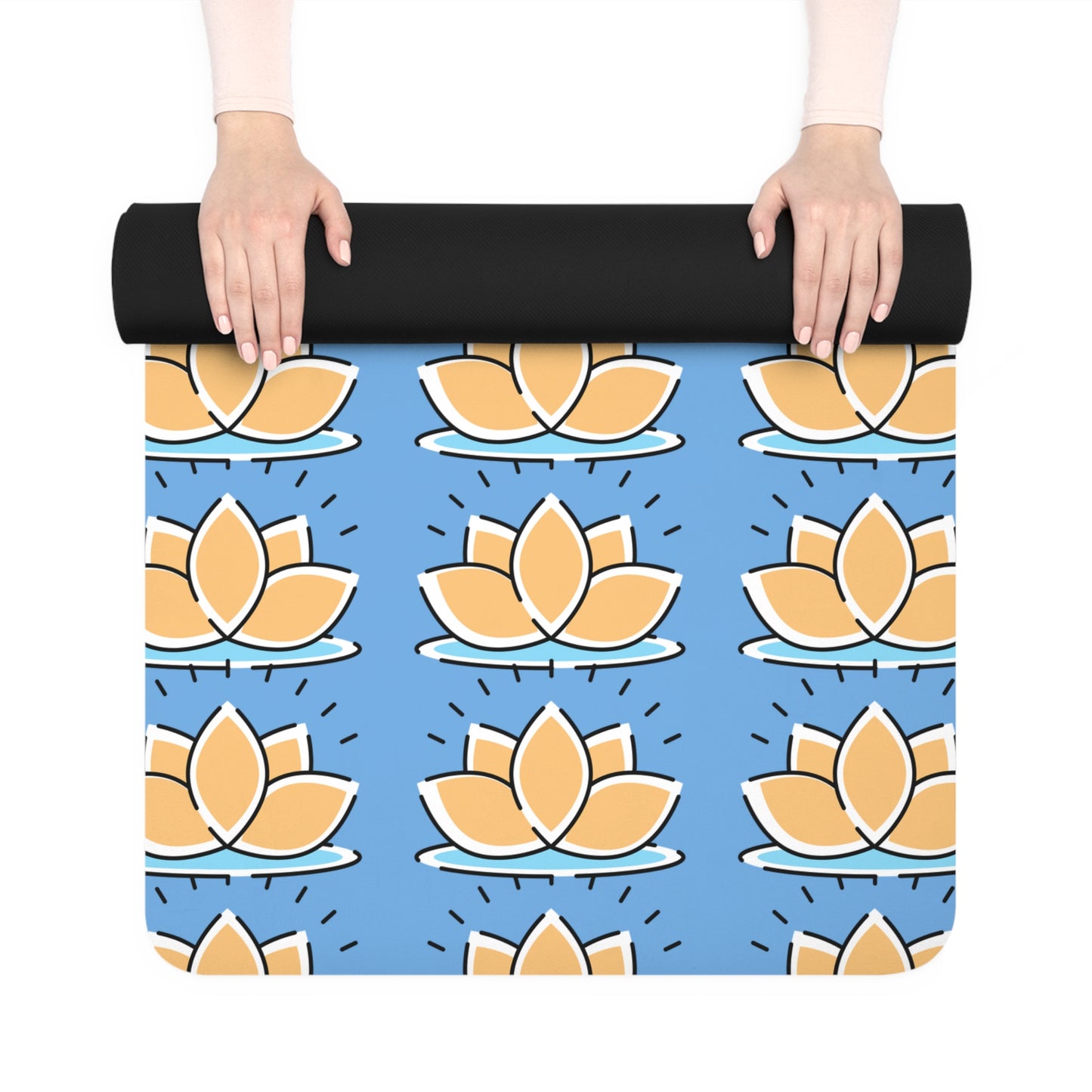 Yoga mat with lotus flower pattern held by a person