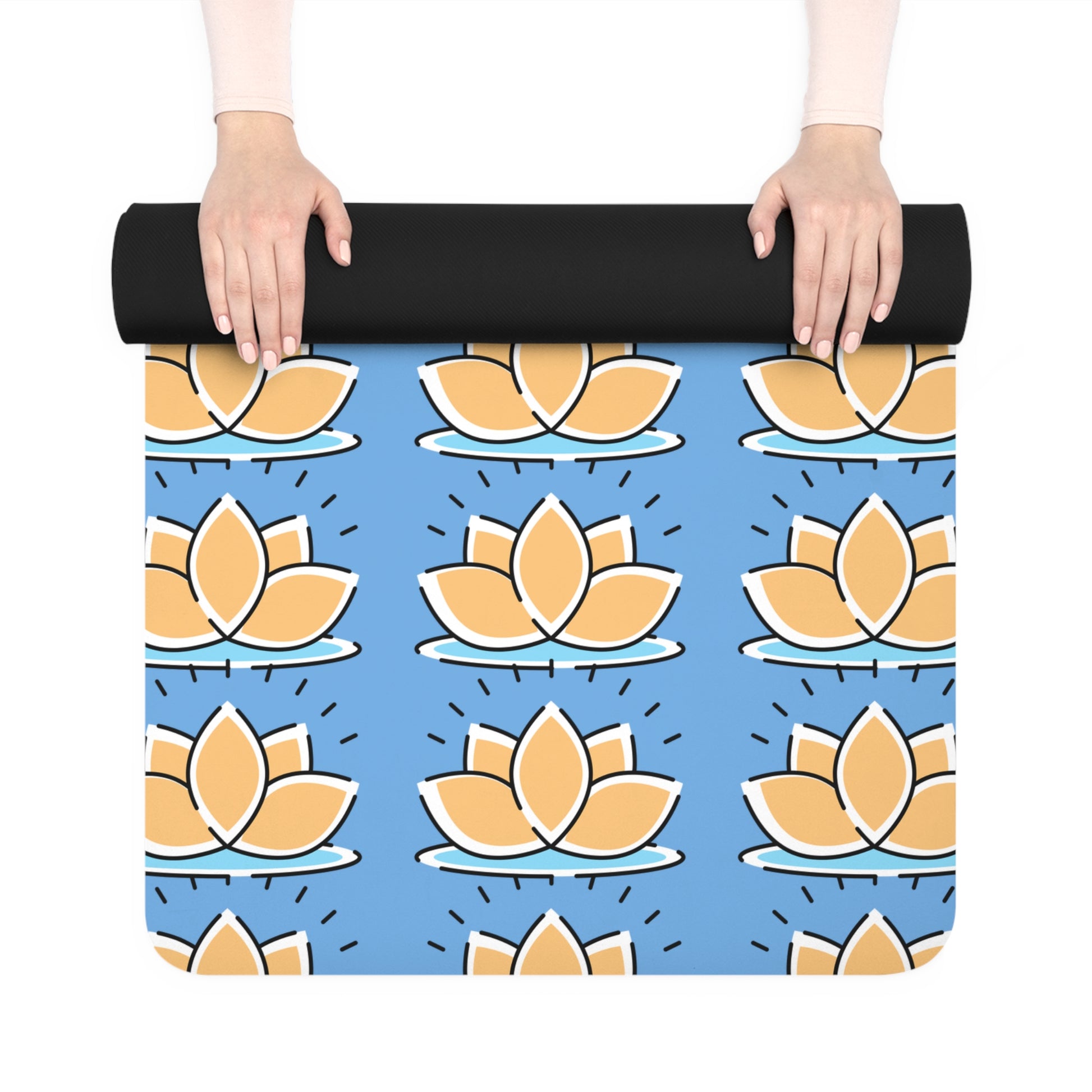 Yoga mat with lotus flower pattern held by a person