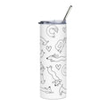 Tumbler with black line art dachshund design on a white background