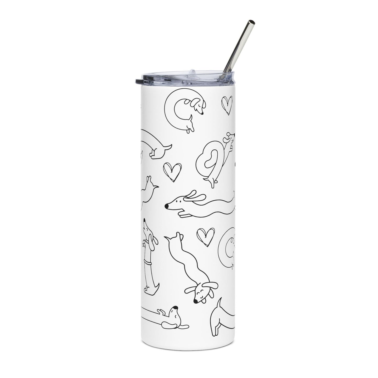 Tumbler with black line art dachshund design on a white background