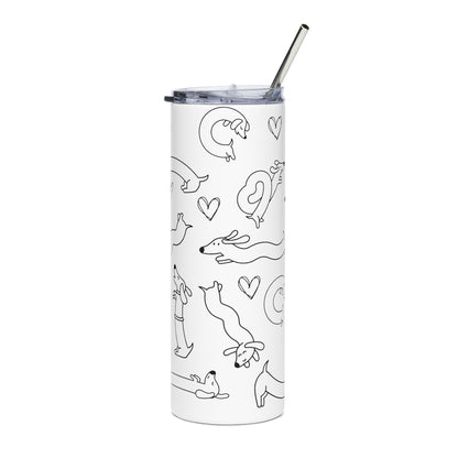 Tumbler with black line art dachshund design on a white background