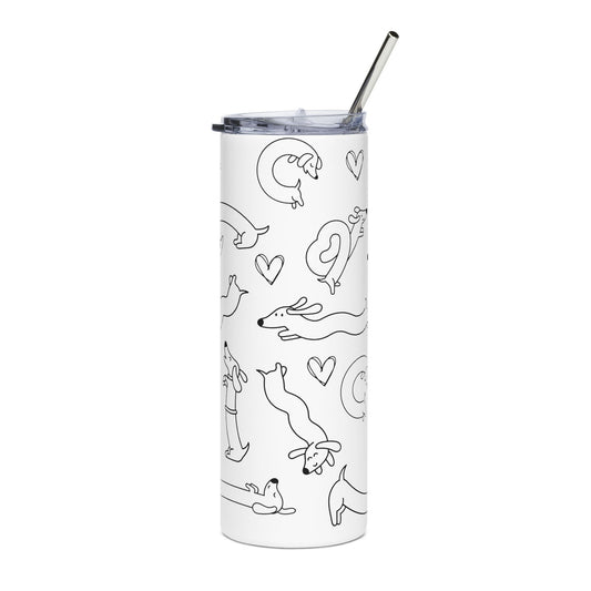 Tumbler with black line art dachshund design on a white background