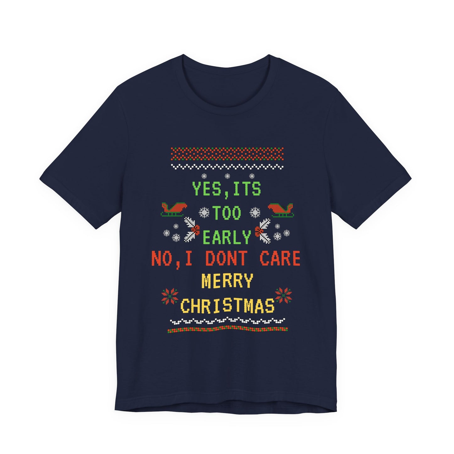 Navy blue t-shirt with festive text and graphics on a white background