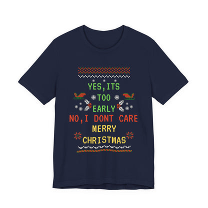 Navy blue t-shirt with festive text and graphics on a white background