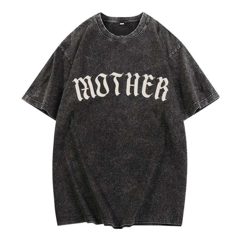 Black t-shirt with 'MOTHER' text on a white background