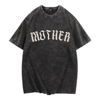 Black t-shirt with 'MOTHER' text on a white background