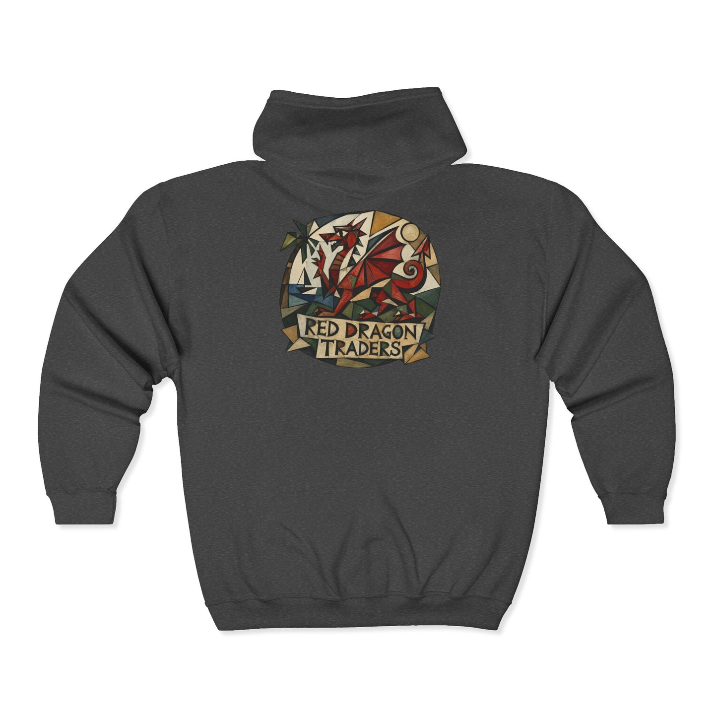 Red Dragon Traders Zip Hoodie — Vintage Fantasy Logo Hooded Sweatshirt