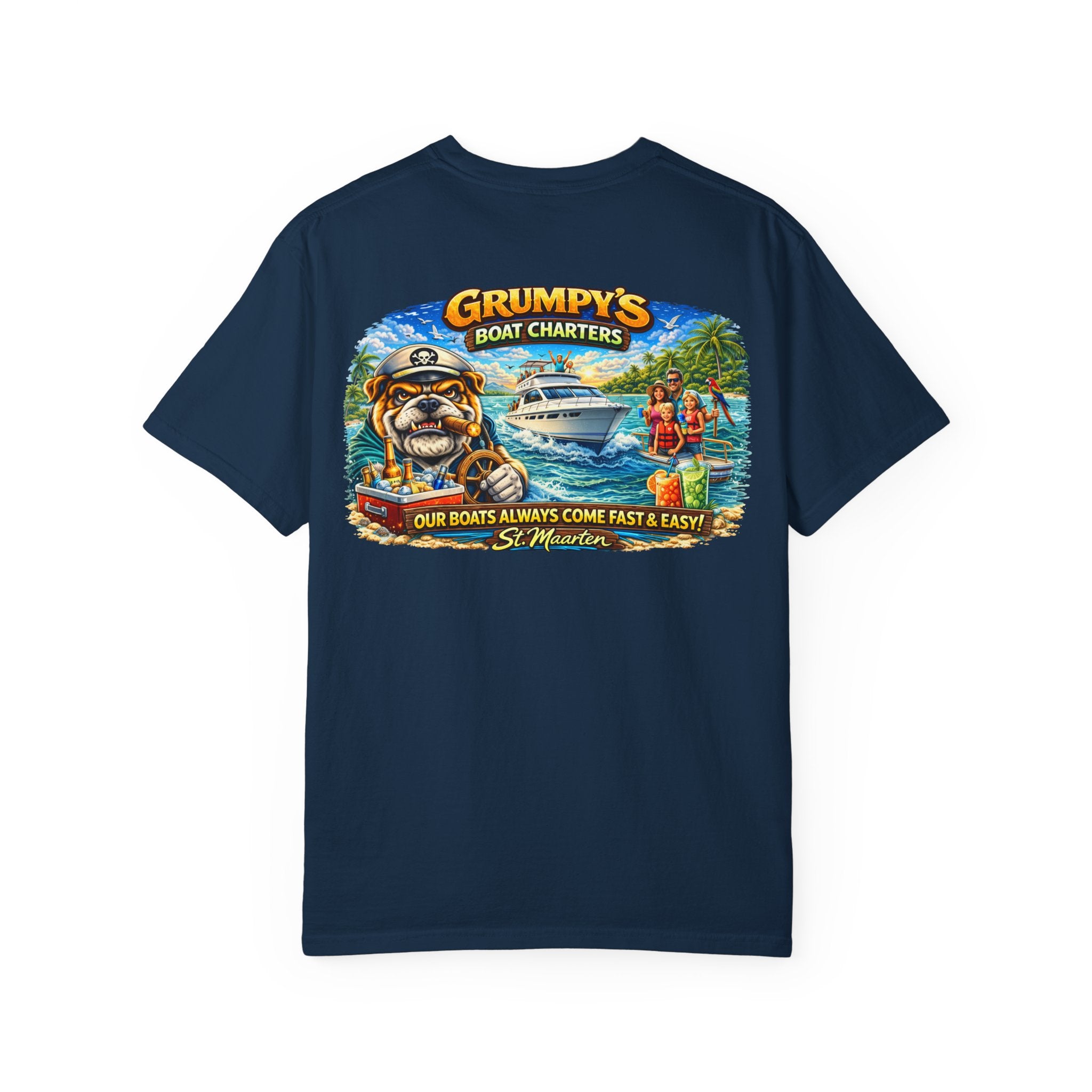 Navy blue t-shirt with a graphic of a bulldog and boat on a white background