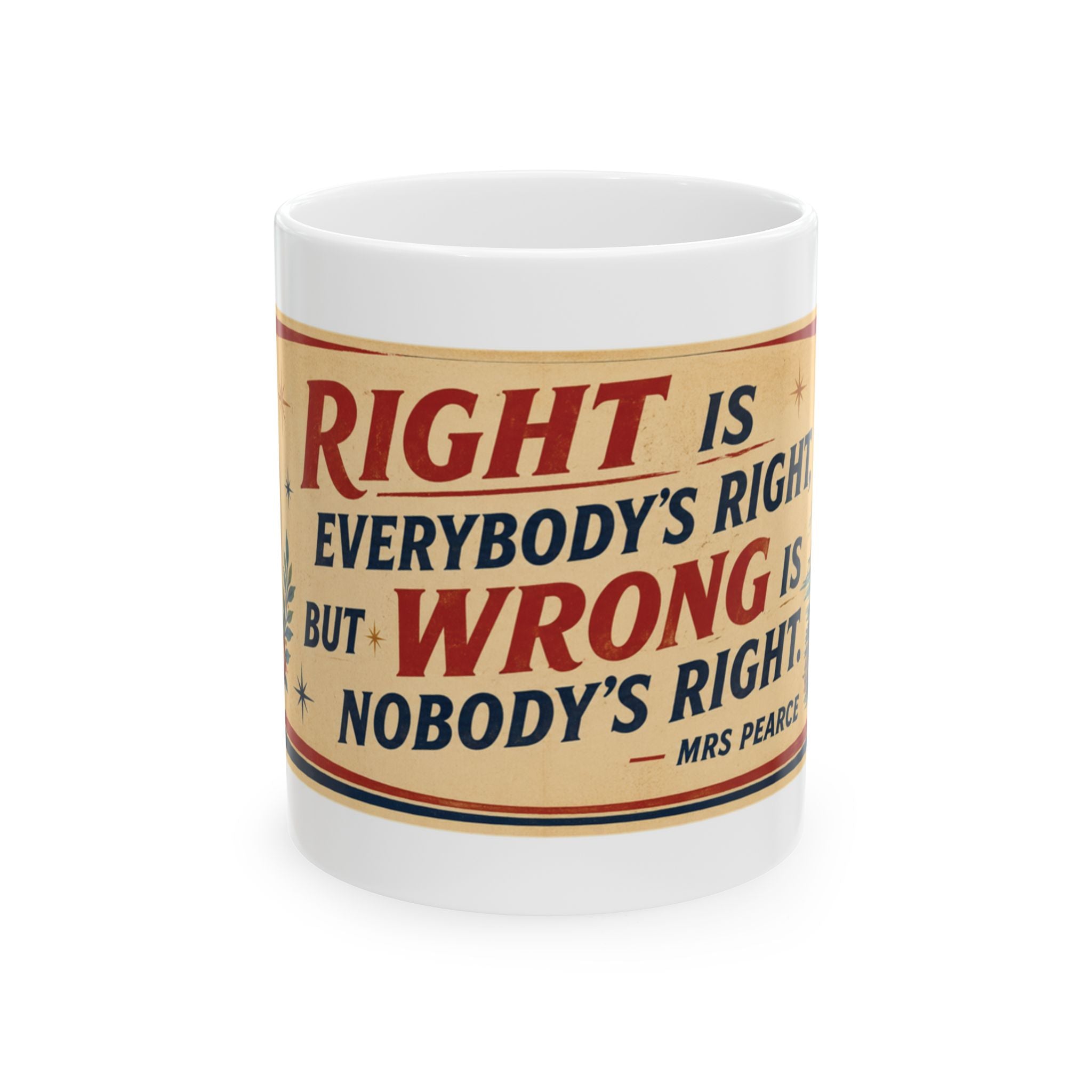 Inspirational Quote Ceramic Mug — "Right is Everybody's Right but Wrong is Nobody's Right" Vintage Style