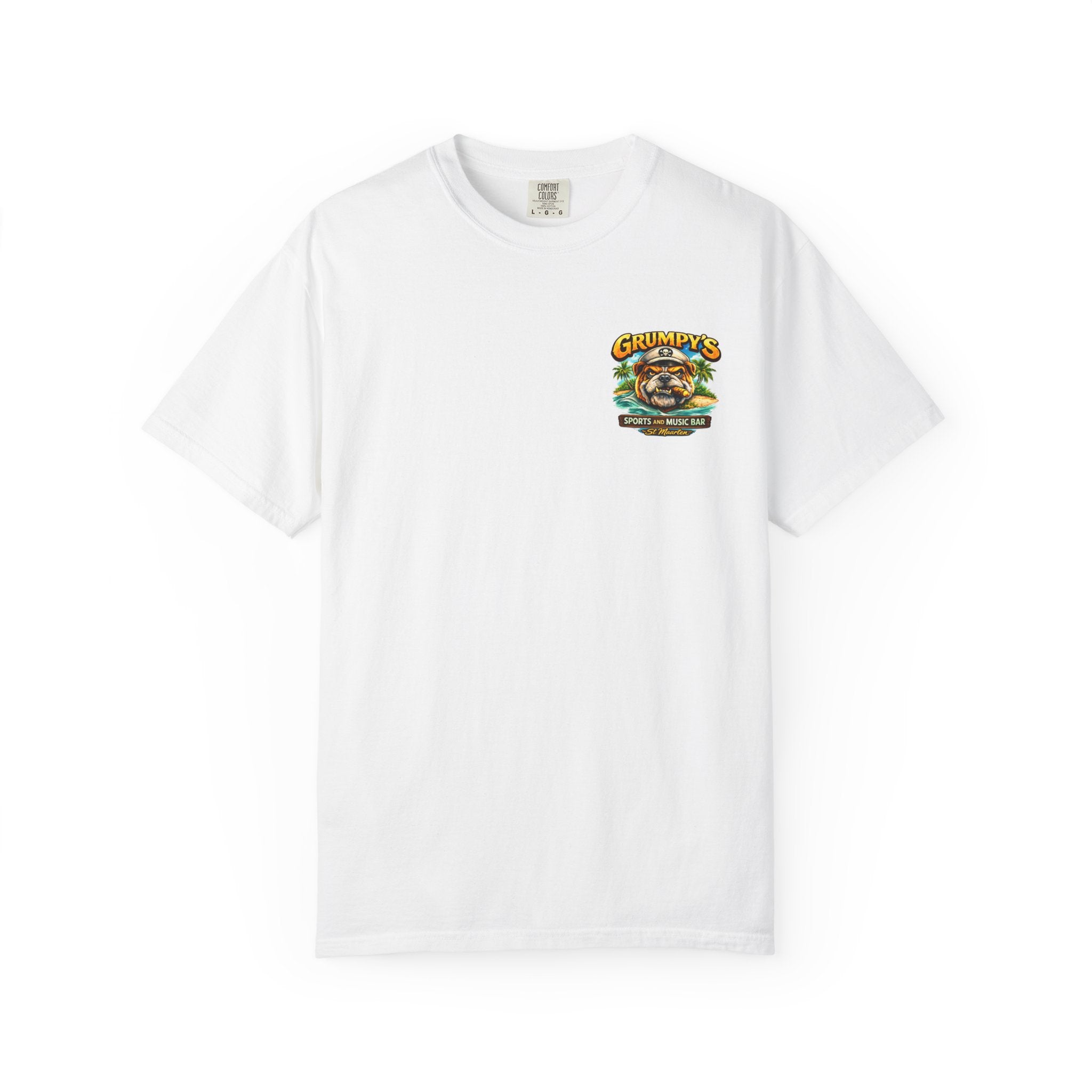 White t-shirt with a small colorful Grumpy's Sports and Music Bar bulldog logo on the left chest, on a white background.