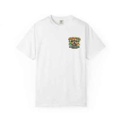 White t-shirt with a small colorful Grumpy's Sports and Music Bar bulldog logo on the left chest, on a white background.