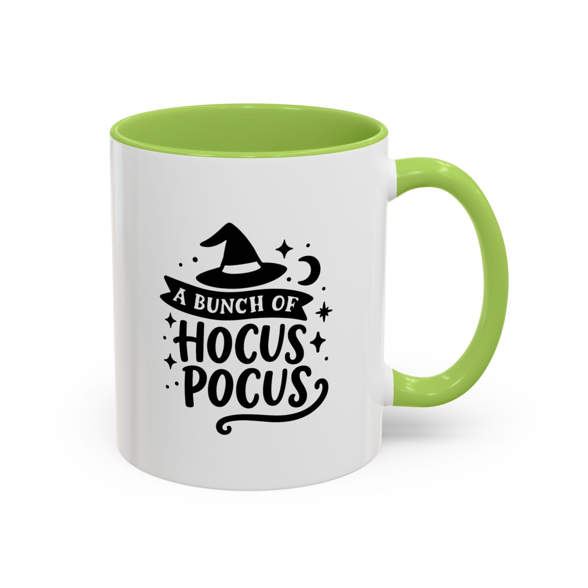White two-tone coffee mug with a light green handle and interior and a black 'A Bunch of Hocus Pocus' witch-hat design, on a white background
