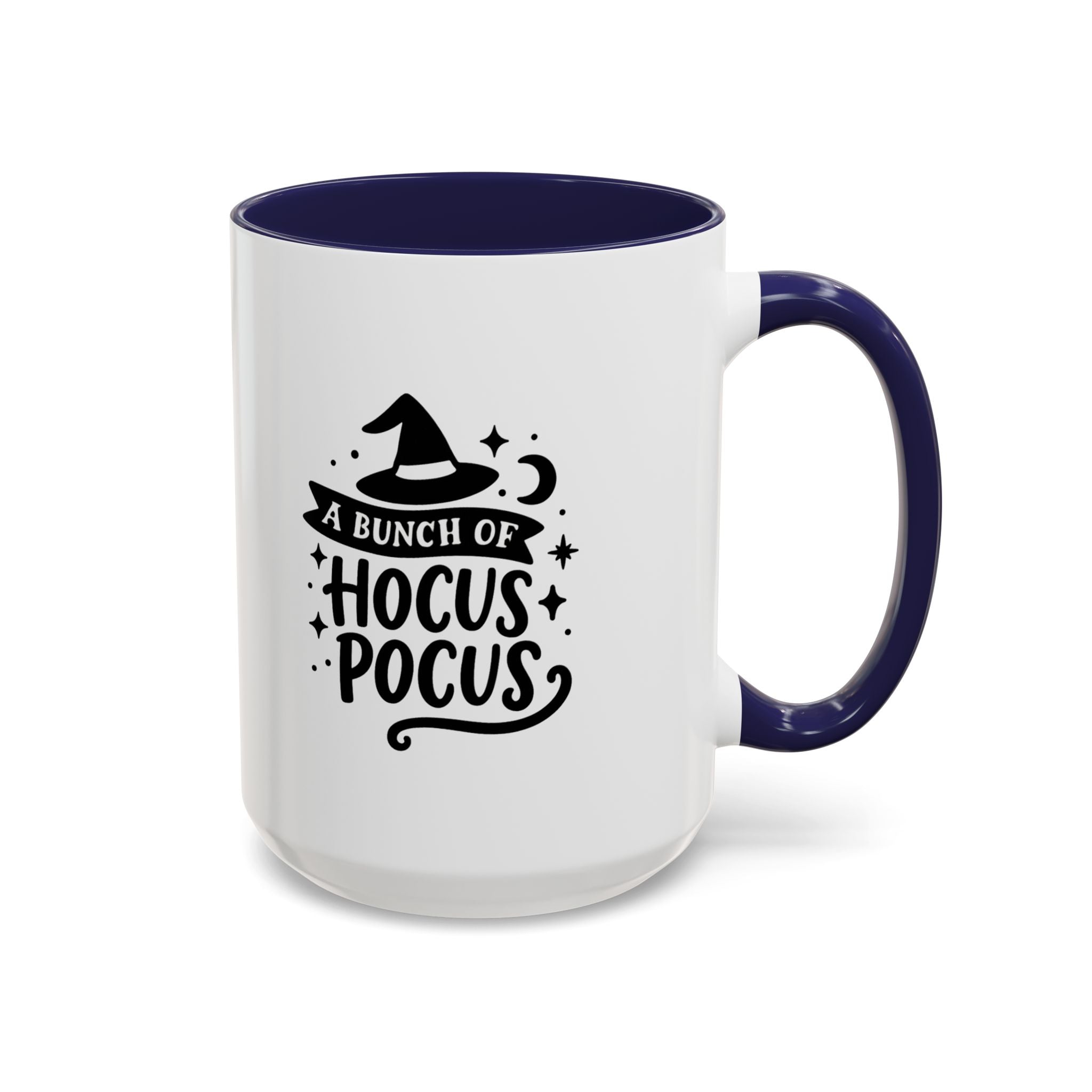 White two-tone coffee mug with a navy handle and interior and a black 'A Bunch of Hocus Pocus' witch-hat design, on a white background