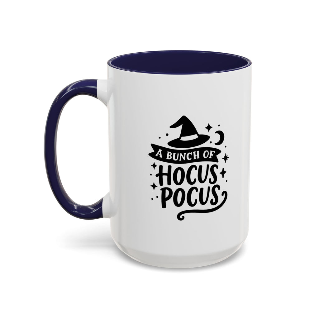 White two-tone coffee mug with a navy handle and interior and a black 'A Bunch of Hocus Pocus' witch-hat design, on a white background