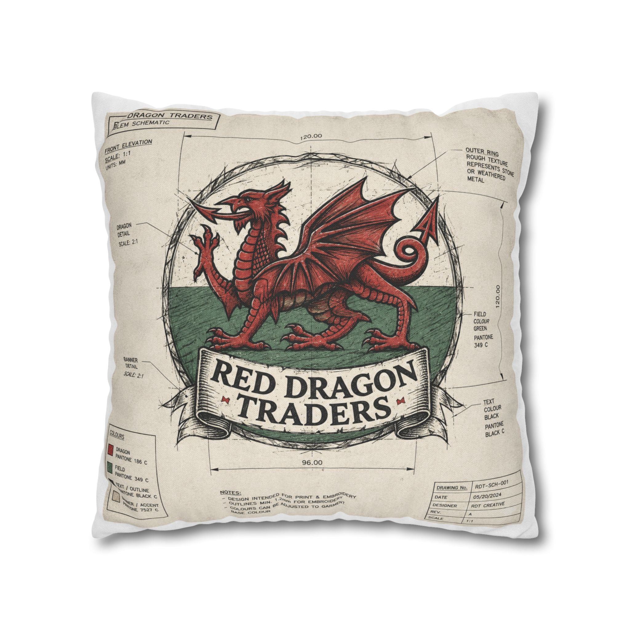 Weathered red Welsh dragon crest pillow cover artwork.