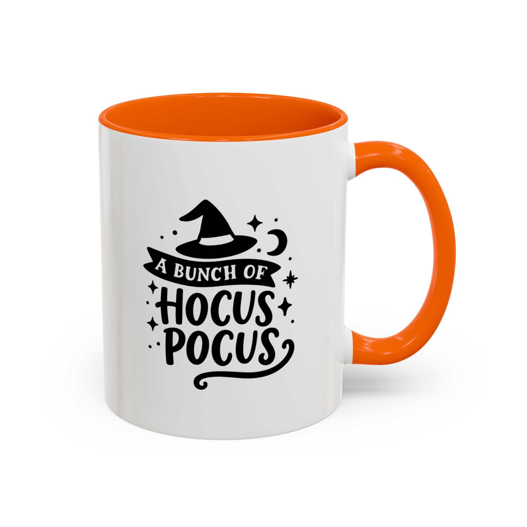 White two-tone coffee mug with a orange handle and interior and a black 'A Bunch of Hocus Pocus' witch-hat design, on a white background