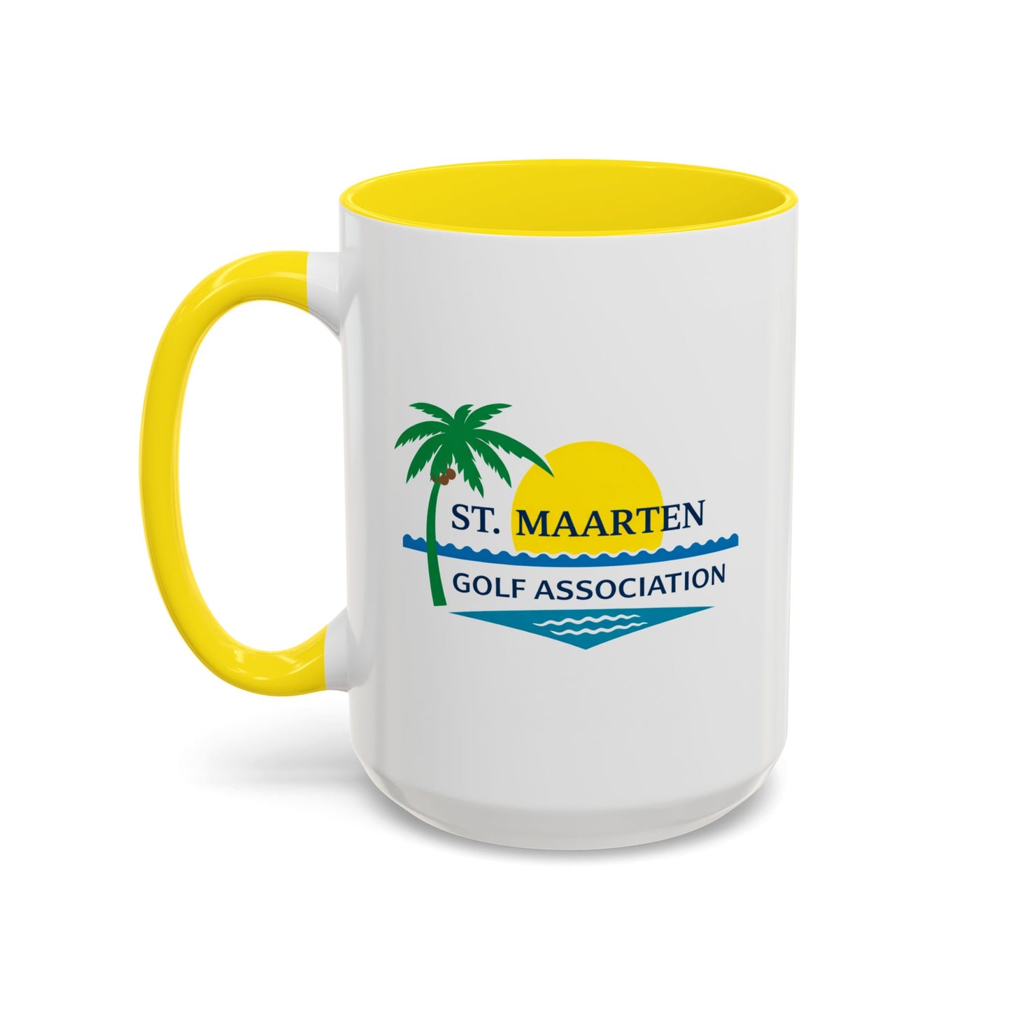 White mug with yellow handle featuring St. Maarten Golf Association logo on a white background
