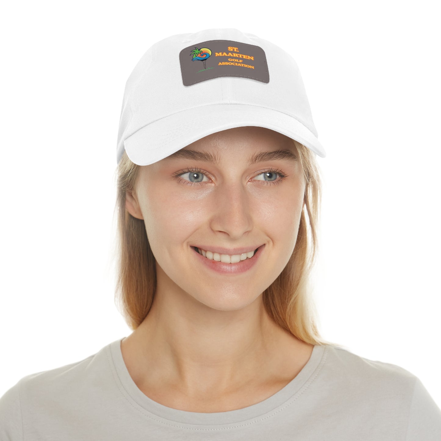 Woman wearing a white cap with a logo on a white background