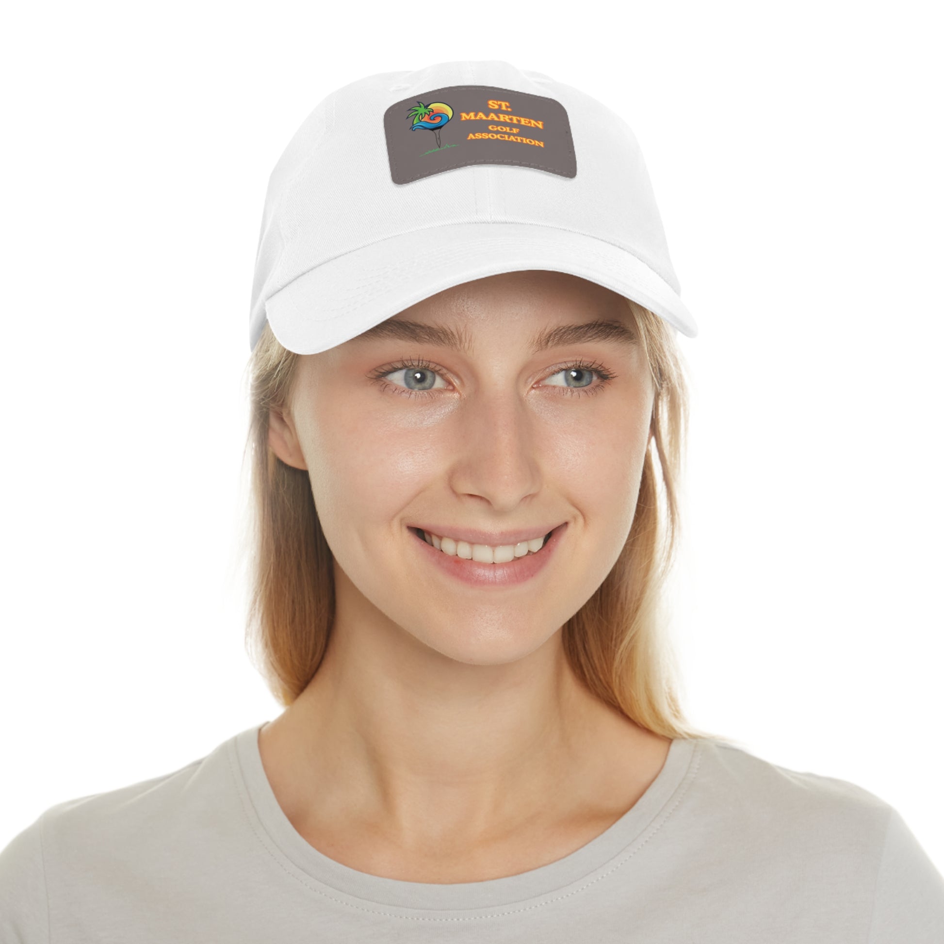 Woman wearing a white cap with a logo on a white background