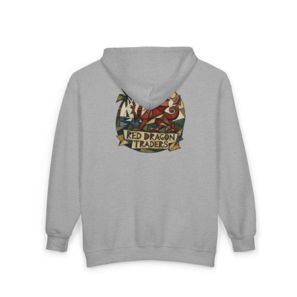 Red Dragon Traders Zip Hoodie — Vintage Fantasy Logo Hooded Sweatshirt