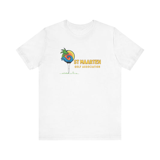 White t-shirt with colorful logo and text on a white background