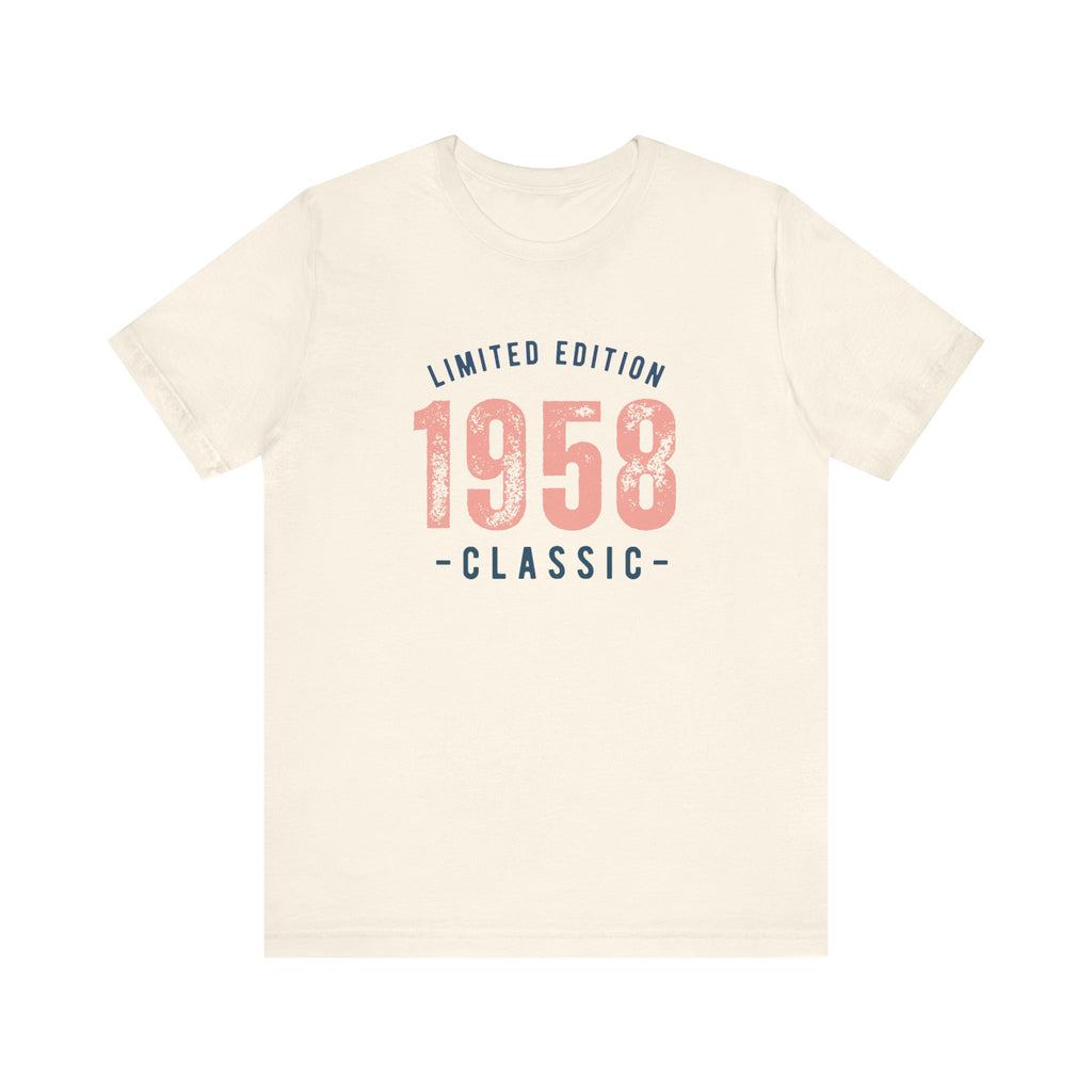Natural cream t-shirt with a 'Limited Edition 1958 Classic' graphic in navy and coral, on a white background