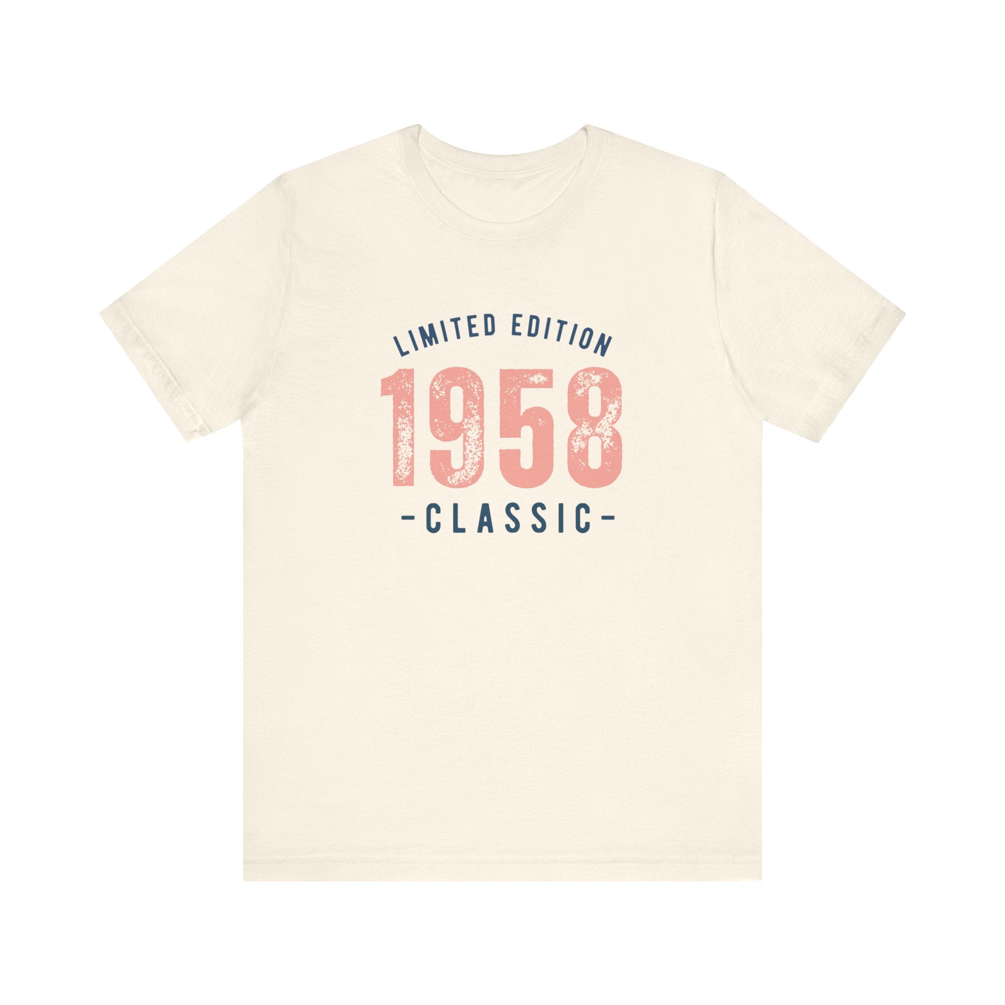 Natural cream t-shirt with a 'Limited Edition 1958 Classic' graphic in navy and coral, on a white background