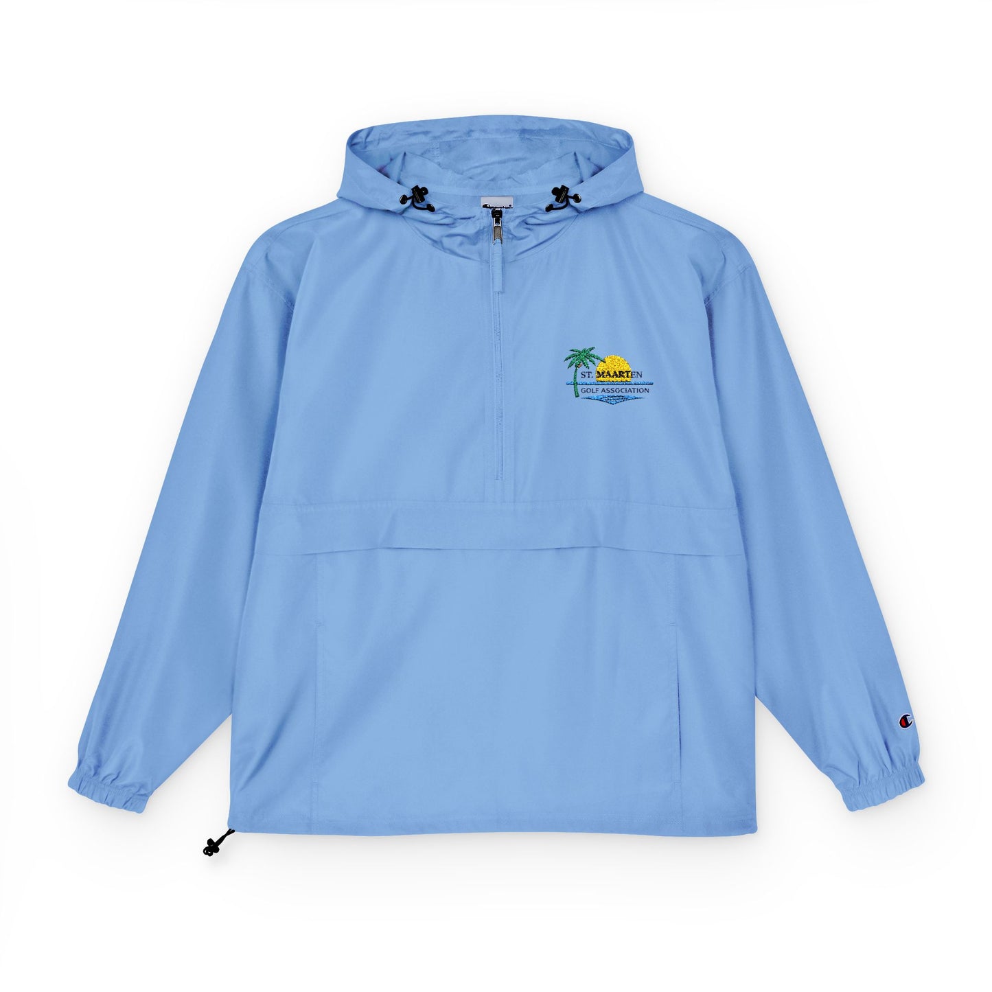 Light blue hooded jacket with a logo on a white background