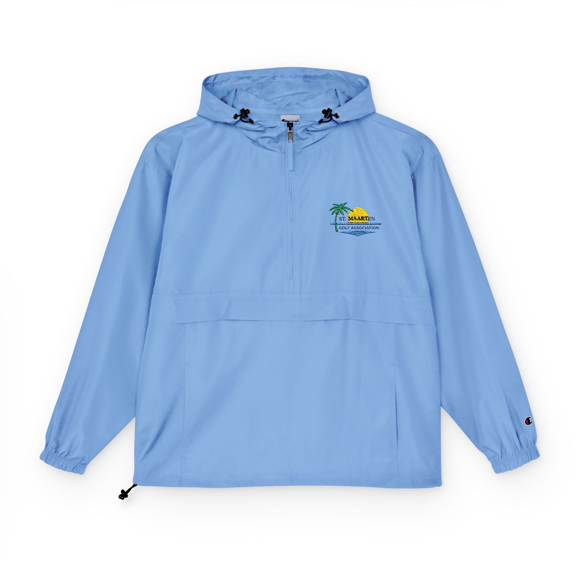 Light blue hooded jacket with a logo on a white background
