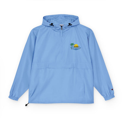 Light blue hooded jacket with a logo on a white background